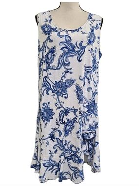 vintage DREAM DANCE size 16 Sleeveless Floral Scoopneck Dress White Blue